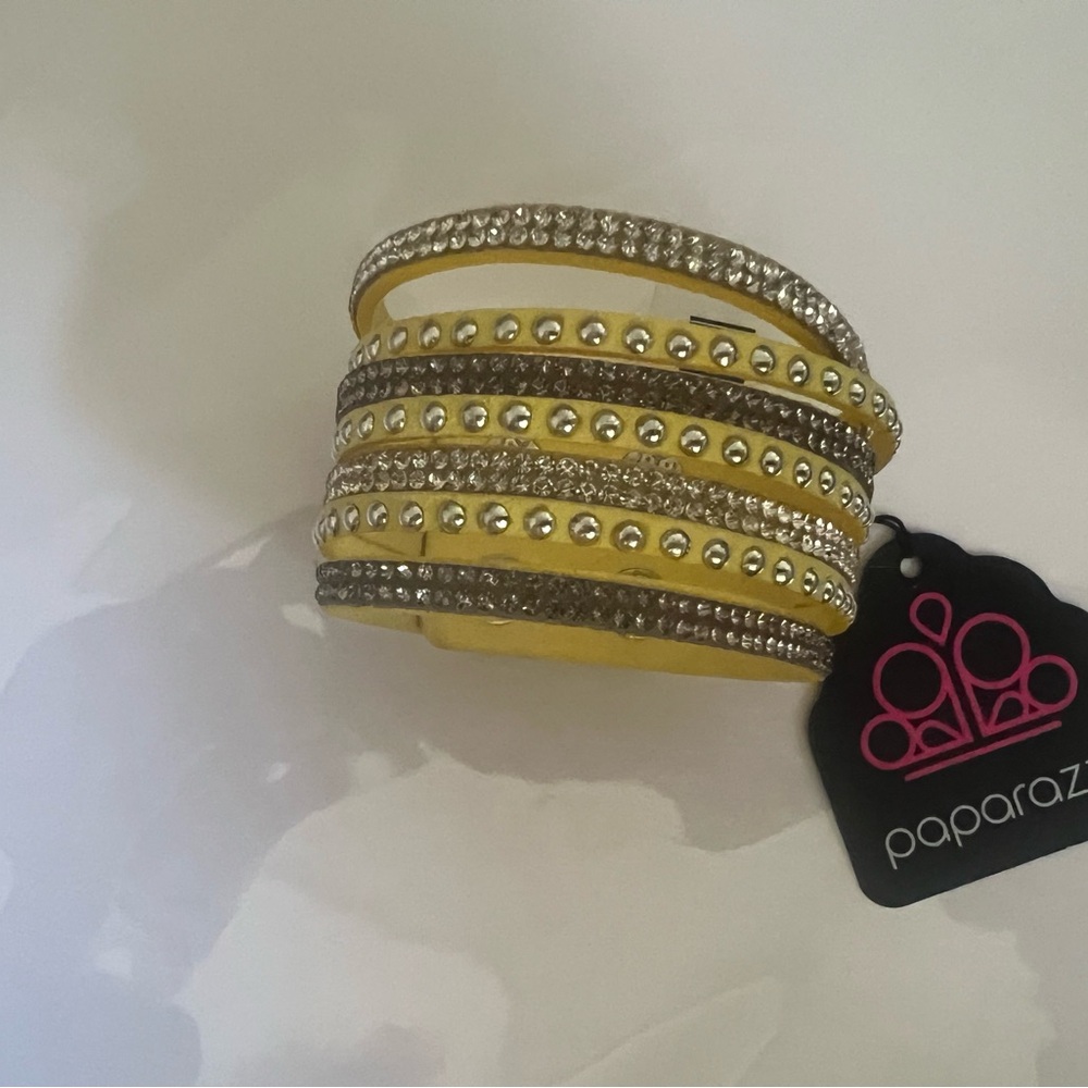 Paparazzi Yellow Leather and Silver CZ Studded Bracelet